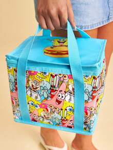 SpongeBob SquarePants | SHEIN 卡通海綿角色主題印花大容量保溫便當袋，藍色飾邊，可攜式保冷手提袋，適用野餐、學校與日常使用 - 藍黃色 - 查看 3