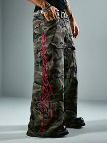 ROMWE MEN Jeans holgados con patrón bordado de camuflaje para hombre - Multicolor - Ver 5