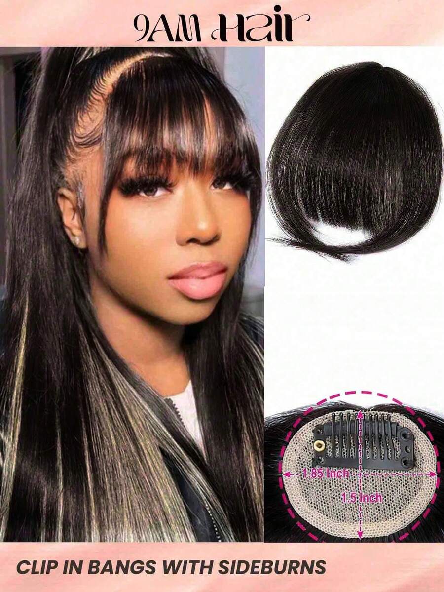 Bigger Size Human Hair Air Bangs With Sideburns Natural Black Color Bangs Clip In Hair Extension Beginner Friendly Real Easy To Go - Natural Black - View 1
