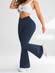 SHEIN Rhythm Era 女款大尺碼瑜伽戶外健身運動緊身喇叭褲 V腰交叉腰基本款 - 彩色 - 查看 4