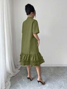 SHEIN Raffinéa 女款寬鬆藝術設計百褶下擺拼接荷葉邊修飾洋裝，夏季 - 軍綠色 - 查看 2