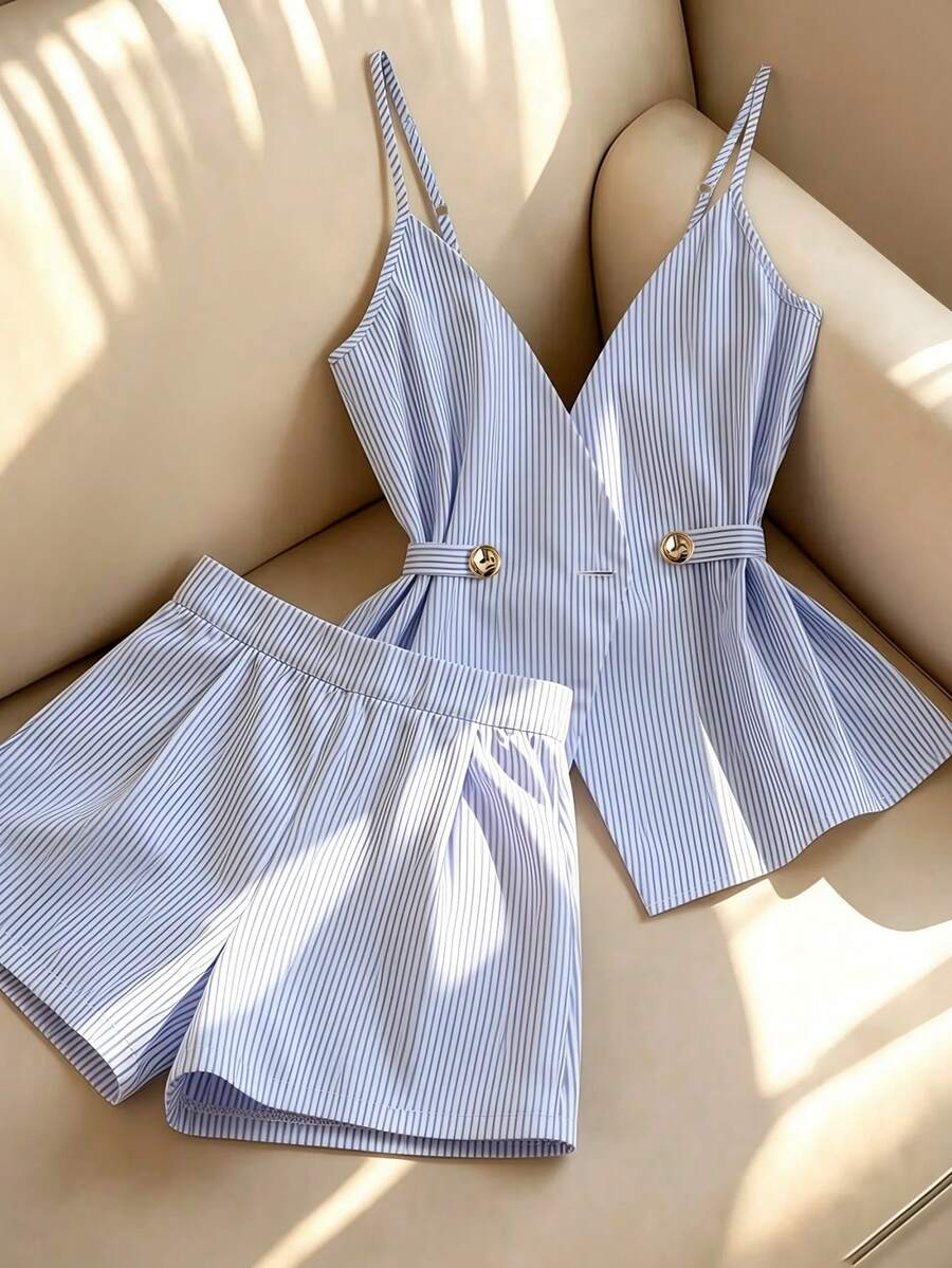 Franclia Conjunto elegante de 2 piezas para mujer, Conjunto a rayas de 2 piezas para mujer, Conjunto casual de 2 piezas para mujer, Camisola para mujer, Camisola sin mangas para mujer, Pantalones de pierna ancha para mujer, Conjunto casual para mujer, Atuendo diario, Atuendo de primavera, Atuendo de verano, Conjunto de vacaciones, Conjunto de primavera, Conjunto de 2 piezas de camisola, Conjunto casual - Azul - Ver 1