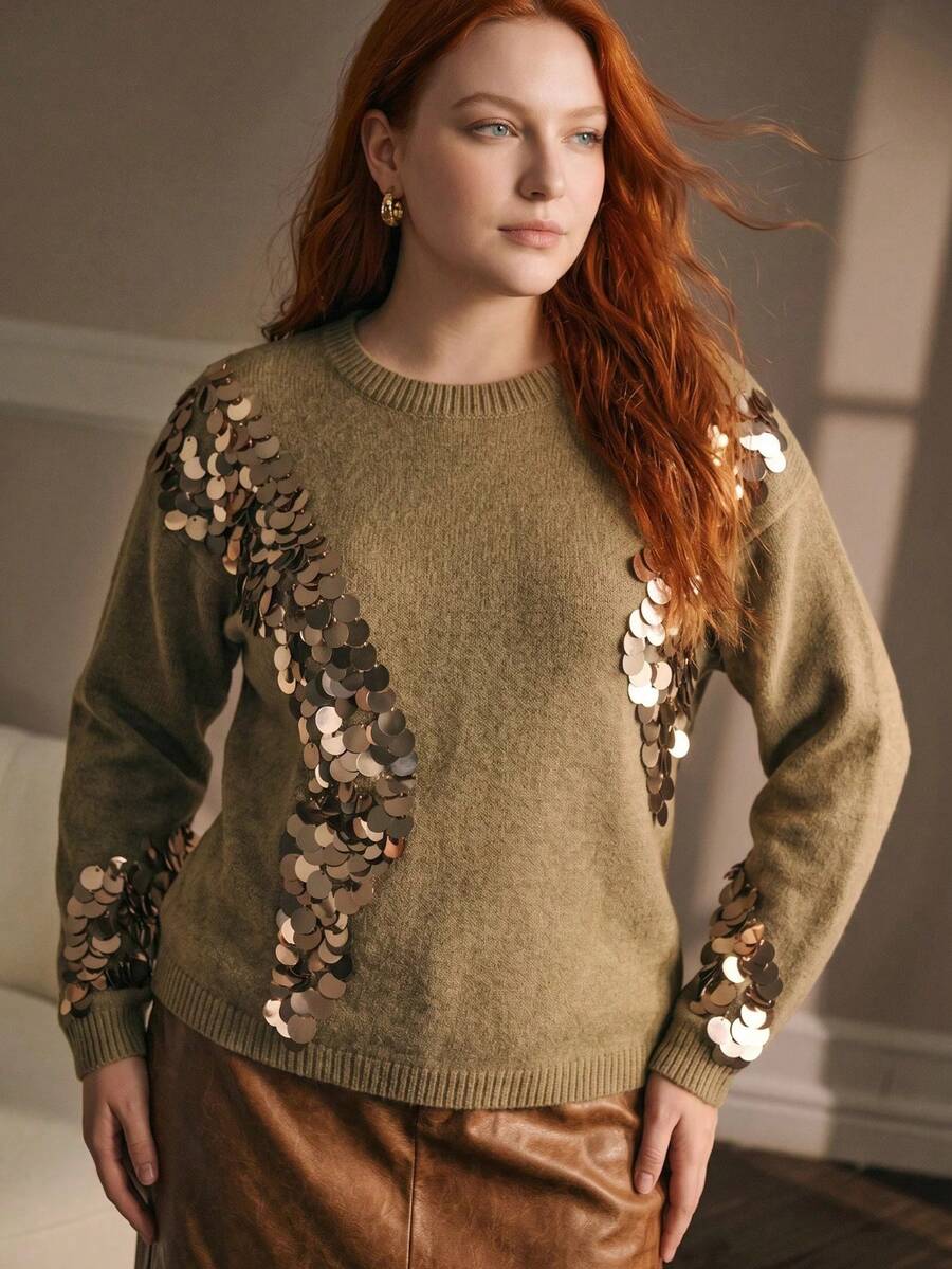 MOTF PREMIUM WOMEN'S PLUS FASHIONABLE AUTUMN/WINTER SEQUIN EMBROIDERED CREW NECK PULLOVER SWEATER - Khaki - View 1