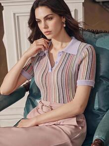 Anewsta Essential 女款夏季彩色條紋 Polo 領短袖上衣，可愛休閒設計 - 淡紫色 - 查看 6