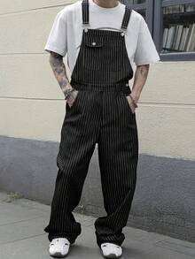 Manfinity Roghcode Men's Black Striped Fashion Casual Versatile Long Pants With Suspenders - Black - View 1