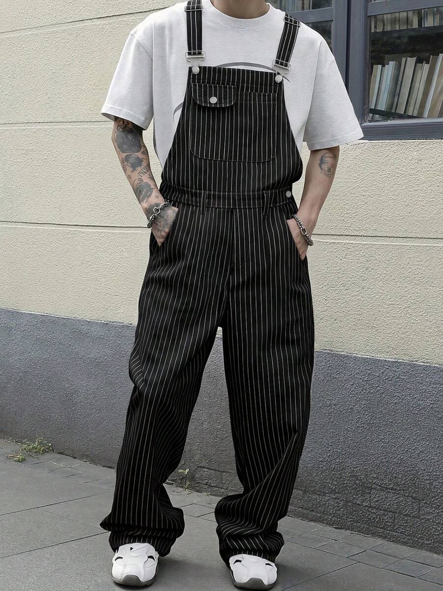 Manfinity Roghcode Men's Black Striped Fashion Casual Versatile Long Pants With Suspenders - Black - View 1