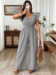 Weeklong Plus Size Women's Fashion Casual Black And White V-Neck Flutter Sleeve Cinched Waist Wide Leg Jumpsuit, Suitable For Spring/Summer, Vacation, Holiday - Black and White - View 4