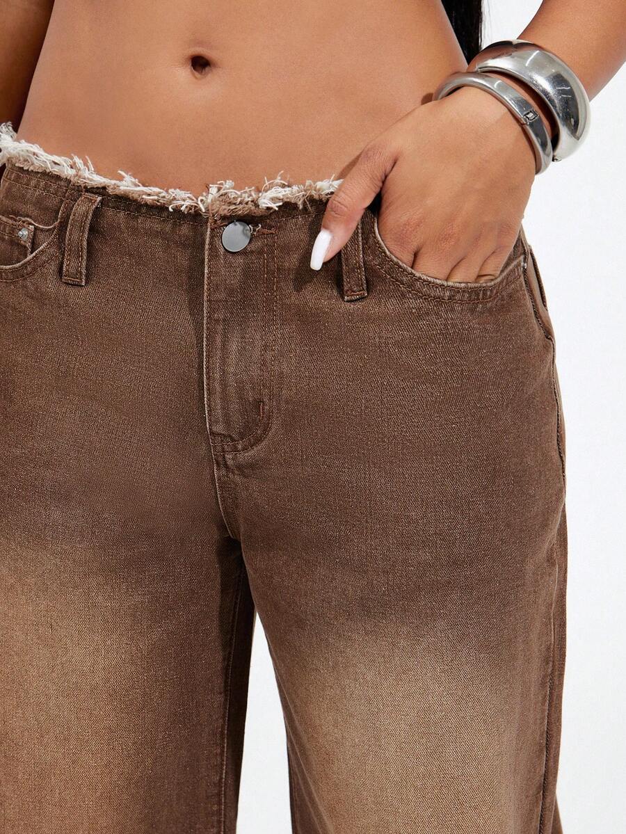 Denimoi Low Rise Raw Edge Straight Leg Jeans Sexy Jeans Y2K Fashion Low Rise Jeans - Brown - View 1