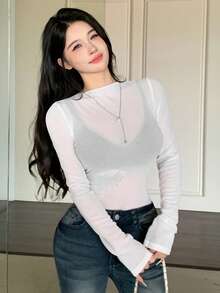 DAZY Autumn/Summer Sheer White Base Layer Semi-High Neck Shiny T-Shirt, Long Sleeve Elegant Casual Women's Top For Wedding, Banquet, Party - White - View 4