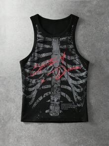 ROMWE MEN Goth Men's Summer Casual Skeleton Print Tank Top - Black - View 1