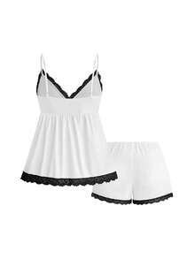 ROMWE Kawaii Plus Size Sweet Pure Innocent Cute Doll Style Ribbed Lace Cami Shorts Casual Sleepwear Set - White - View 2