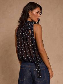 SHEIN Glamour 女款法式波點印花百褶掛脖上衣 - 中紫紅色 - 查看 2