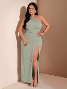 SHEIN BAE Đầm dự tiệc thời trang nữ size lớn màu trơn, thiết kế một vai xẻ tà - Màu xanh Bạc hà - Xem 4