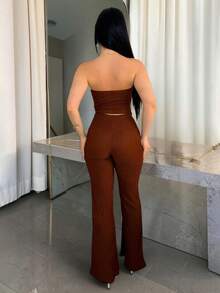 Vassilux Commute Minimalist Office Simple Satin Sexy Elegant Party Top & Long Pants Set Summer Brown - Brown - View 2