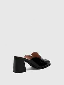 CUCCOO BIZCHIC French Retro Thick Heel Closed Toe Slippers Women, Black Stone Pattern Patent Leather Square Toe Mules Shoes Workplace Commuter High Heels - Black - View 4