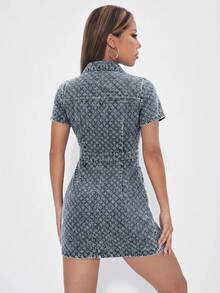 SHEIN PETITE 女款單排扣休閒派對與旅行牛仔短袖洋裝 - 藍色 - 查看 2