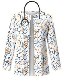 PopScrub Floral Line Texture Print White Scrub Jacket, Spring/Summer Fashion Cardigan With Ear Loop Design Women's Nurse Uniform Top, Uniform Jacket, Suitable For Hospital And Various Clinic Workwear - Multicolor - View 1
