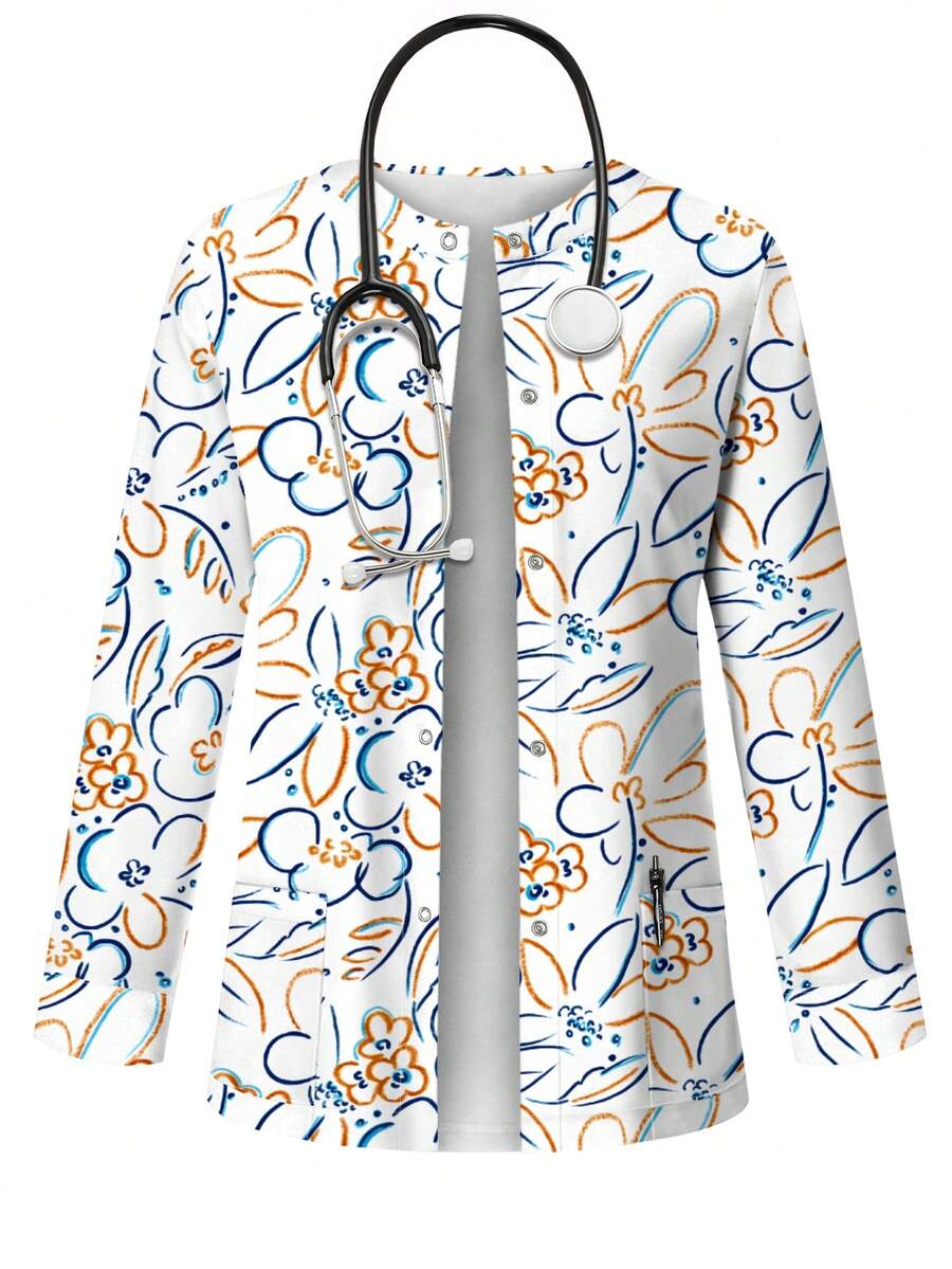 PopScrub Floral Line Texture Print White Scrub Jacket, Spring/Summer Fashion Cardigan With Ear Loop Design Women's Nurse Uniform Top, Uniform Jacket, Suitable For Hospital And Various Clinic Workwear - Multicolor - View 1