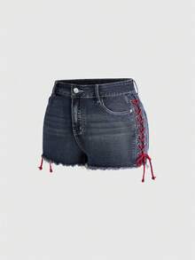 ROMWE Goth Shorts vaqueros mini súper cortos de talla grande con diseño de cordón, bolsillos con patrón bordado de ojo, corazón, estrella, perlas y gemas, estilo gótico oscuro - Azul - Ver 6
