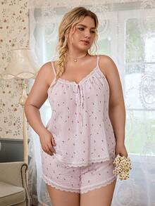 CottageSlumber Romantic Pajama Set With Printed Cotton Woven Fabric And Lace Trim Camisole Top And Shorts - Multicolor - View 3