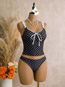 Bellisia Bikini de dos piezas con lunares negros & blancos, traje de baño estilo camisola con cordón francés, traje de baño de 2 piezas para vacaciones en la playa - Blanco y Negro - Ver 3