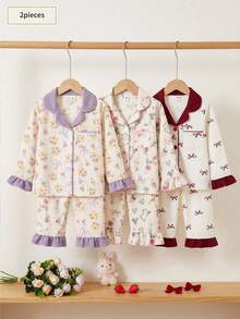 SHEIN 甜美風櫻桃與蝴蝶結印花女童幼童長袖開襟外套與長褲2件組休閒舒適居家服 - 彩色 - 查看 3