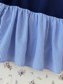 SHEIN 青少年女孩童裝海軍藍 Polo 領圖案荷葉邊下擺條紋拼接休閒洋裝，校服風格，適合學校、戶外活動、購物、日常穿著 - 彩色 - 查看 7