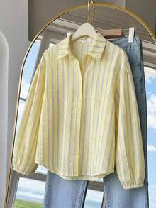 SHEIN Tween Girl Striped Long Sleeve Single-Breasted Casual Loose Shirt - Yellow - View 7