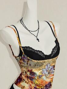 SHEIN ICON 女款豹紋透視細肩帶上衣搭配黑色蕾絲內衣 2件套 - 彩色 - 查看 8