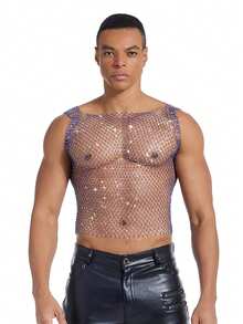 DSELFIQUE Camiseta de tirantes de malla plateada con strass para hombre, corte regular - azul real - Ver 3