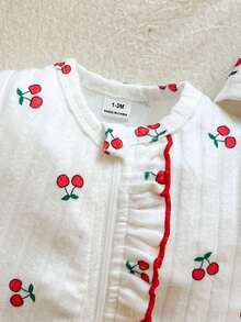 SHEIN Vintaside Kids 新生女嬰白色條紋甜美可愛鬆款前開拉鍊荷葉邊連身褲附腳套兩件套拍照裝 - 杏色 - 查看 13
