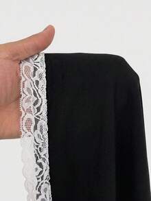 Maweii Plus Size Women's Elegant Solid Color Fabric & Lace Trim Patchwork Ruched Tie Asymmetrical Flare Pants, Daily Wear, Commute Wear - Black - View 6