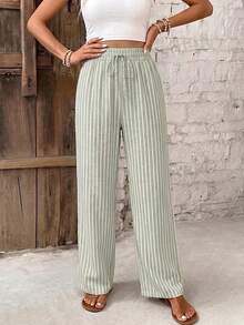 SHEIN Frenchy Women's Casual Striped Straight Leg Pants For Vacation Beach Green And White Autumn - Green - View 3
