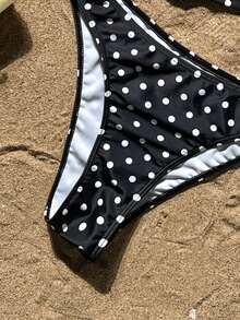 Bellisia Bikini de dos piezas con lunares negros & blancos, traje de baño estilo camisola con cordón francés, traje de baño de 2 piezas para vacaciones en la playa - Blanco y Negro - Ver 8