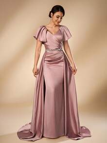 Serin Elegant Dusty Pink Satin V Neck Flutter Sleeve Rhinestone Beaded Ruched Pleated Mermaid Train Floor Length Mother Of The Bride Wedding Guest Gown - Pink - View 7