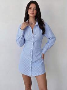 Firerie Damen Blau gestreiftes Farbblock einreihiges Kleid mit geraffter Taille, elegant, tropisch, für Büro, Brunch, Herbst - Blau - Übersicht 6