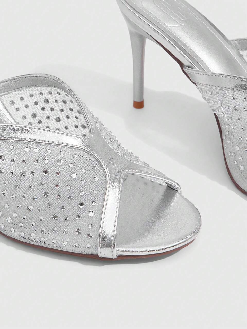 CUCCOO SZL Women's Silver Rhinestone Open Toe Stiletto Heeled Mules Chic Slipon Sandals For Night Out