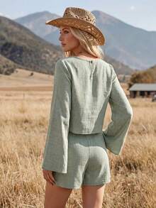 Wildy BOHO Casual Western Country Nomad Women's Summer Outfit, Long Sleeve Top And Skirt 2-Piece Set For Outings Picnic, Commuting, Sage Green Fall Clothes - Green - View 2