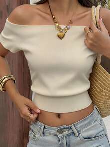 DAZY Women Off-Shoulder Short Sleeve Casual Knit Top, Solid Color - White - View 10