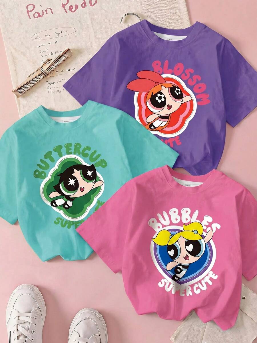 THE POWERPUFF GIRLS X SHEIN T-shirt à manches courtes décontracté pour jeune fille, col rond, imprimé lettres et dessin animé, 3 pièces/set - Multicolore - Voir 1