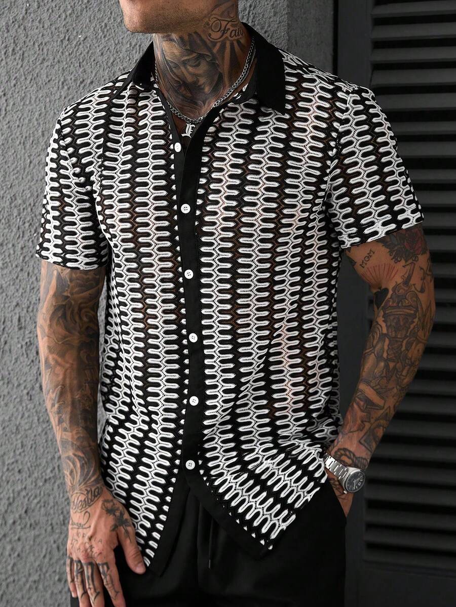 SLATEMANN Men's Mesh Patchwork Casual Shirt And Pants Set - Black and White - View 1