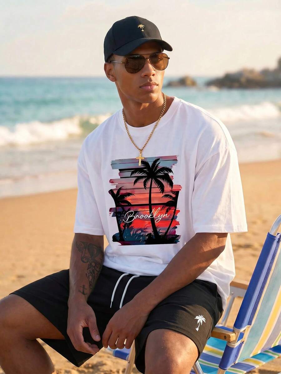 Manfinity EZcore Plus Size Men's T-Shirt Set, Sunset Coconut Tree Holiday Pattern - Multicolor - View 1