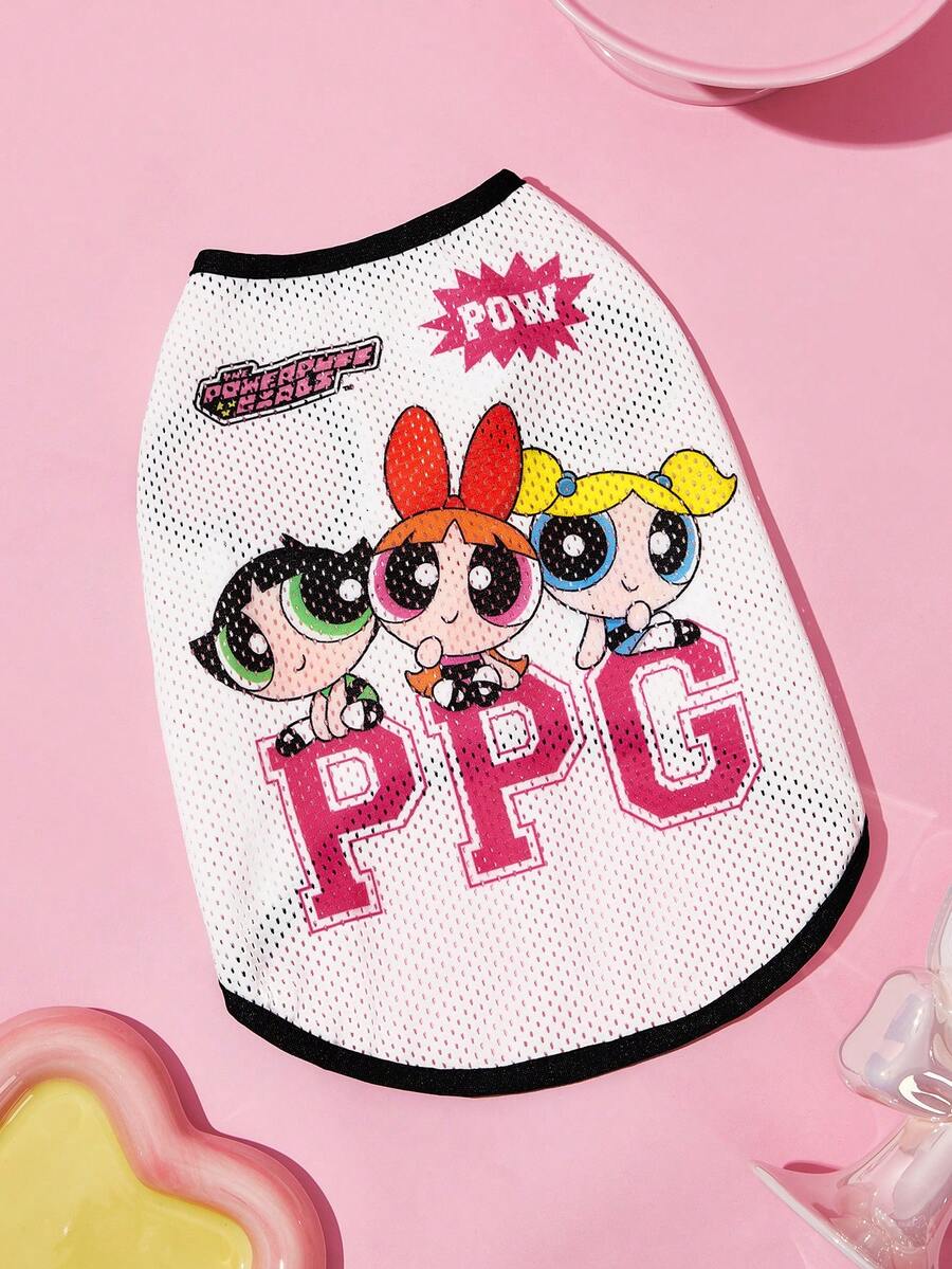 THE POWERPUFF GIRLS X SHEIN 卡通超級英雄女孩印花網眼寵物背心,透氣運動風無袖背心,適合貓咪與多尺寸狗狗 (XXS-XXXXXL),輕量適合夏季戶外活動 - 本白 - 查看 1