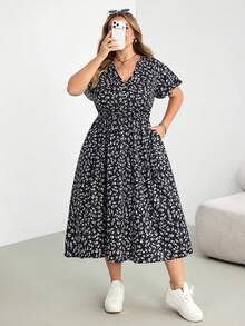 SHEIN CURVE+ Plus Size Women's Summer Beach Vacation Floral Collar Pleated Waistband Dress, Vacation Dress - Multicolor - View 6