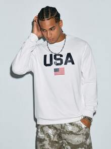Modcrash US Flag Pattern Men's Basic Sweatshirt, Casual Street Style For Spring And Autumn, Long Sleeve Top - White - View 6