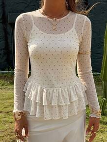 FRIFUL Women Sheer Polka Dot Print Long Sleeve Ruffle Hem Blouse, Summer Fall Top - White - View 9
