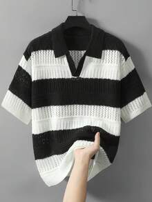 Manfinity LEGND Top de punto de manga corta con bloques de color y patchwork para hombre - Blanco y Negro - Ver 6