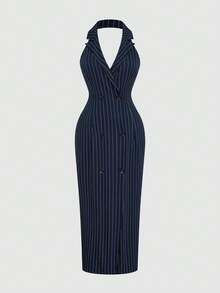 Sweetra Summer Elegant Striped Lapel Sleeveless Office Commute Plus Size Long Dress For Women - Navy Blue - View 1