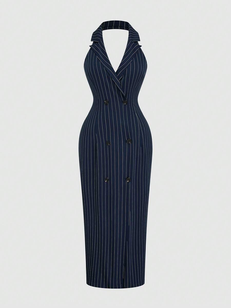 Sweetra Summer Elegant Striped Lapel Sleeveless Office Commute Plus Size Long Dress For Women - Navy Blue - View 1