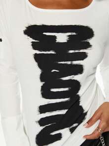 ROMWE Women's Long Sleeve T-Shirt, Ink Graffiti Slogan, White Sleeve, Button Split Hem, Hot Girl All-Match Versatile Streetwear - White - View 9